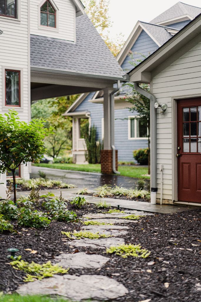 Flagstone stepping path with mulch and plantings