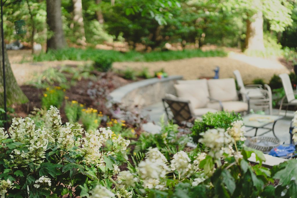 Wide bluestone patio with stone seating wall and hydrangeas