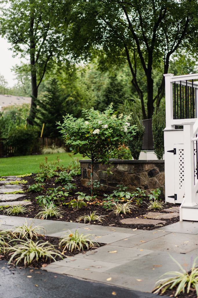 Avalon design-build — bluestone patio, deck stairs, and planted garden beds