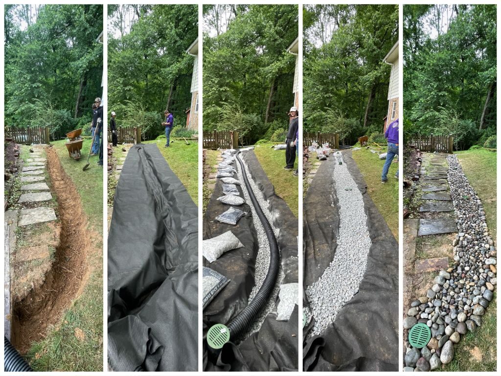 Avalon crew installing a French drain: trench excavation, fabric liner, perforated pipe and gravel, finished with a river rock dry creek bed walkway